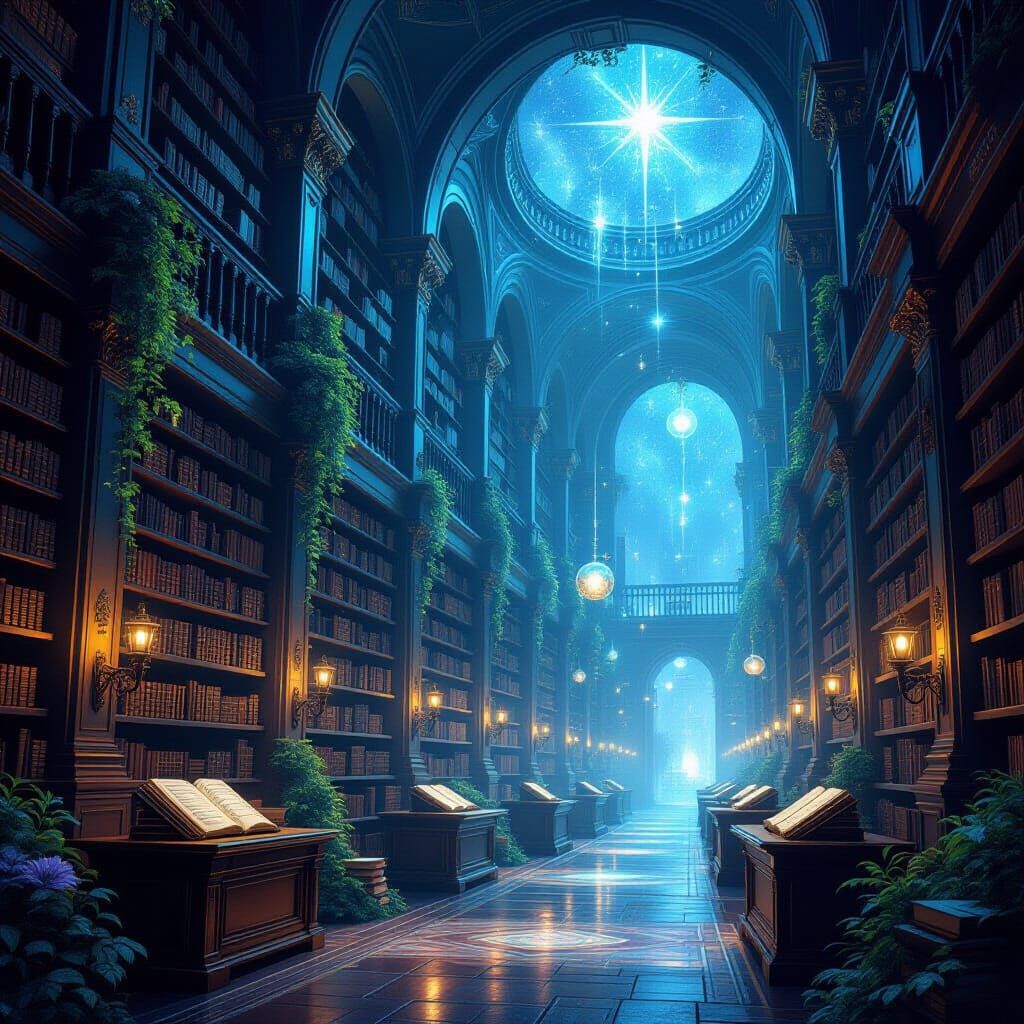 Ancient Library Under Starry Sky with Ethereal Flora