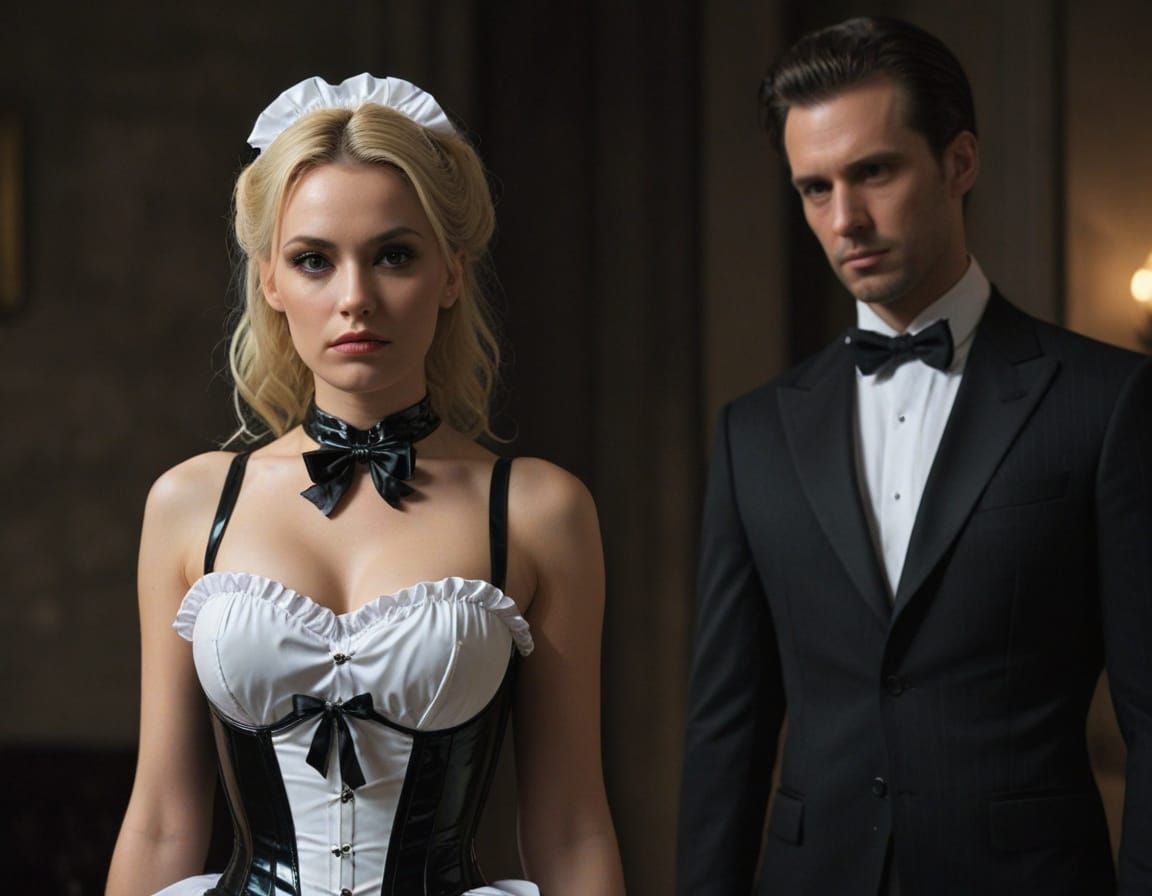 A man-sissy in a black latex maid outfit stands in the middl...