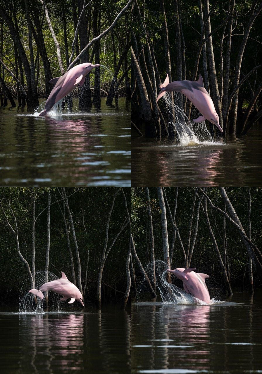 Pink Amazon Dolphin Leaps From Water Amidst Forest Shadows