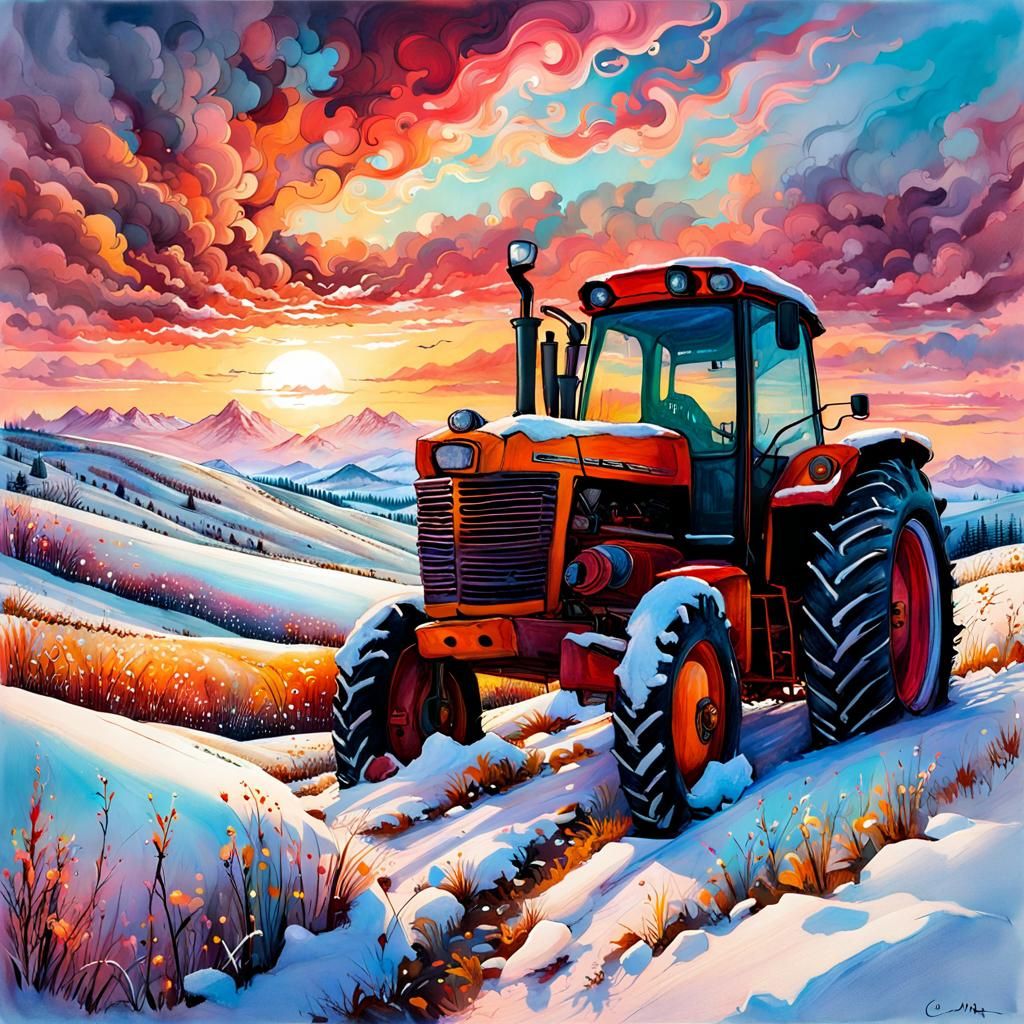 Hypermaximalist Winter Scene with Tractor, Cubist Art