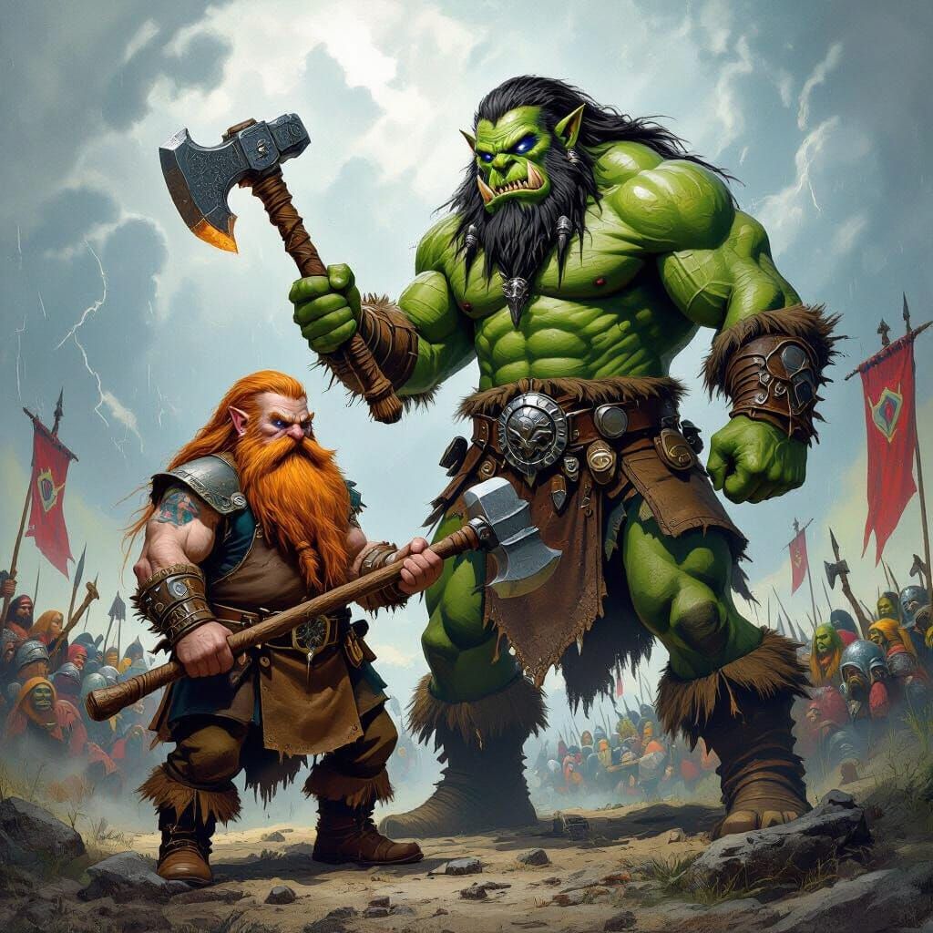 Dwarf and Orc Battle in Gritty Fantasy Art