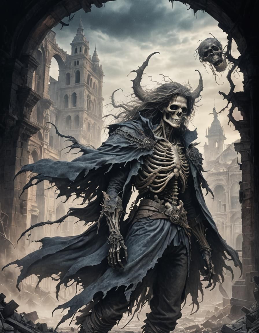 Dark Fantasy Demon in Ruined City, Watercolor Art