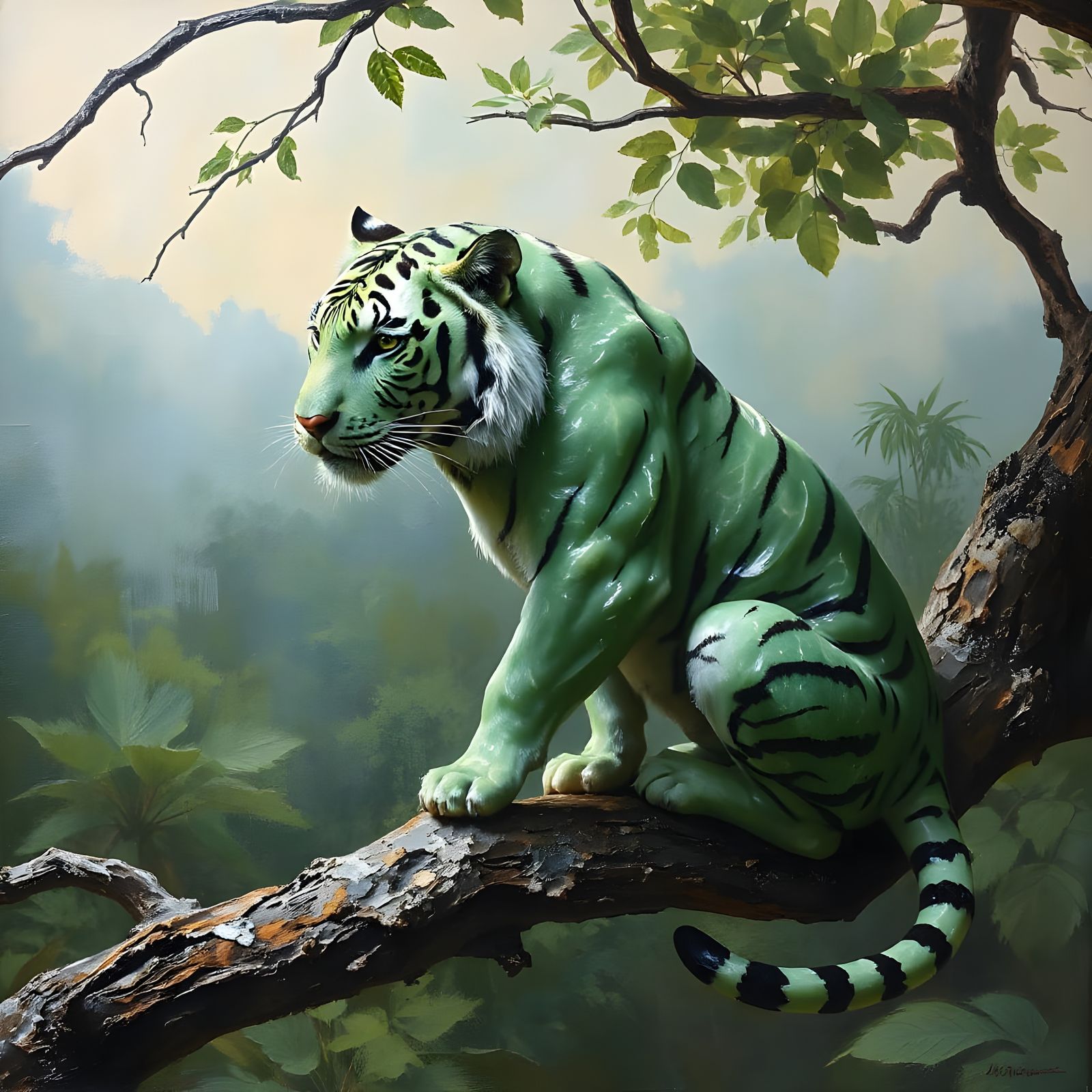 Jade Tiger Overlooking Jungle, Impressionistic Style