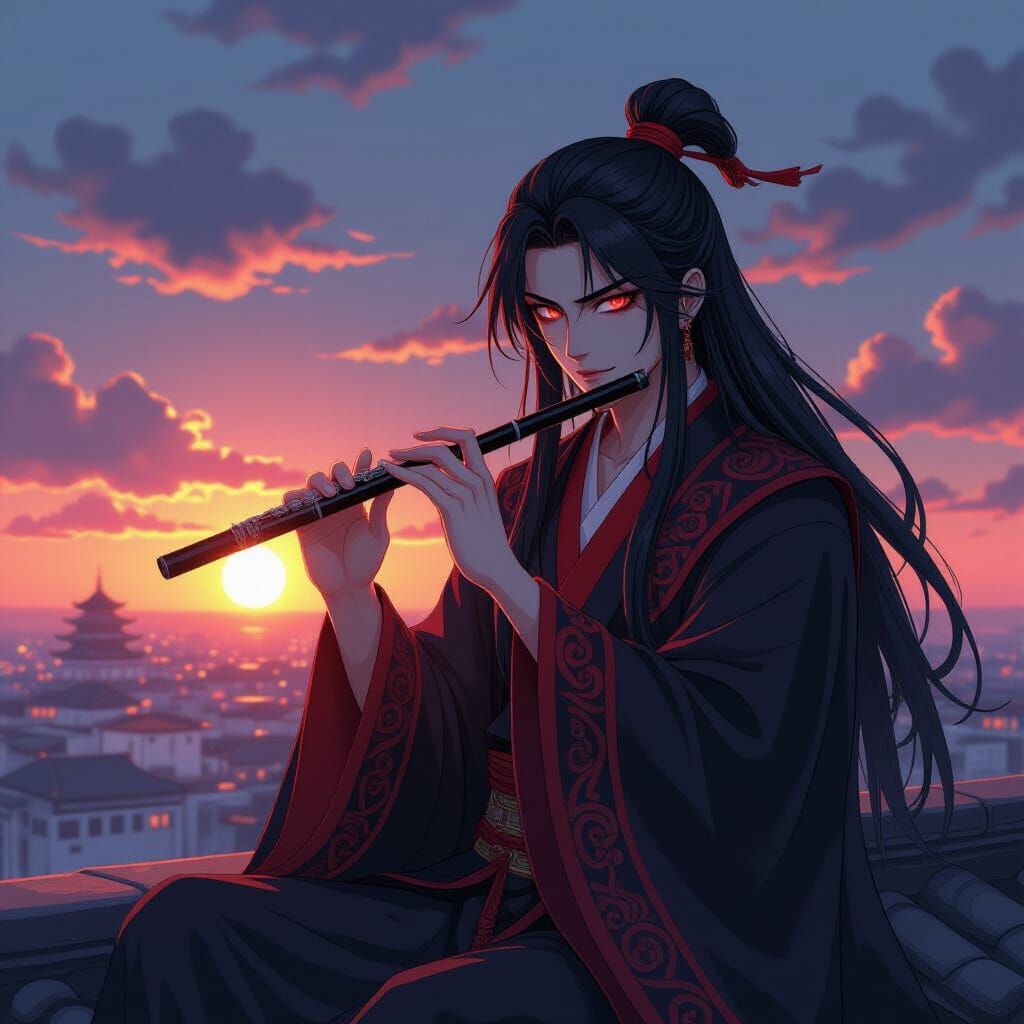 Man in Red and Black Robes Plays Flute at Dawn