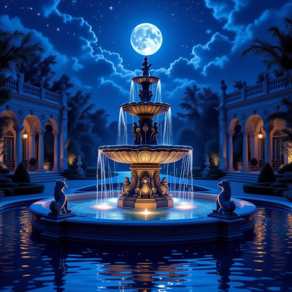 Moonlit Fountain in Courtyard: Romantic Fantasy Art