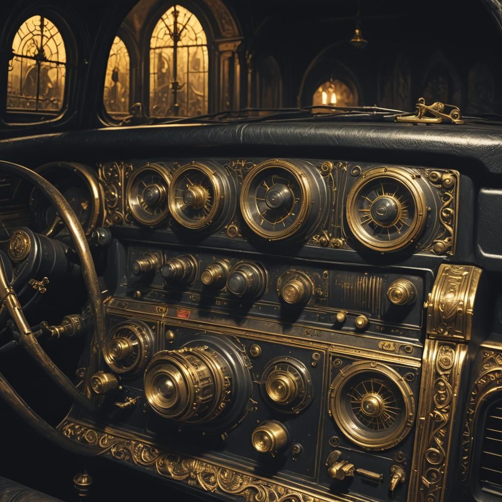 Vintage Stereo in Abandoned Car, Gustave Doré Style