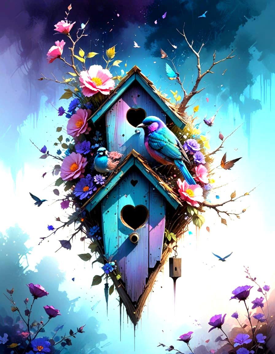 Watercolor Birdhouse with Colorful Bird and Flowers