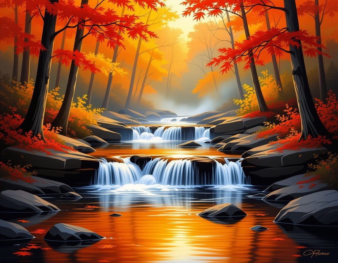 Autumn Forest River Cascades in Golden Light