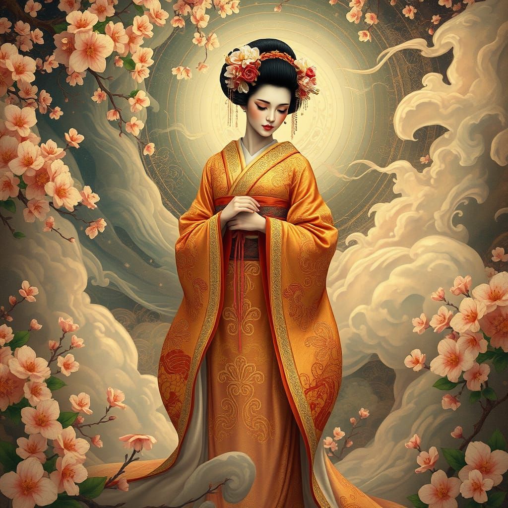 Surreal Geisha in Dreamlike Japanese Garden