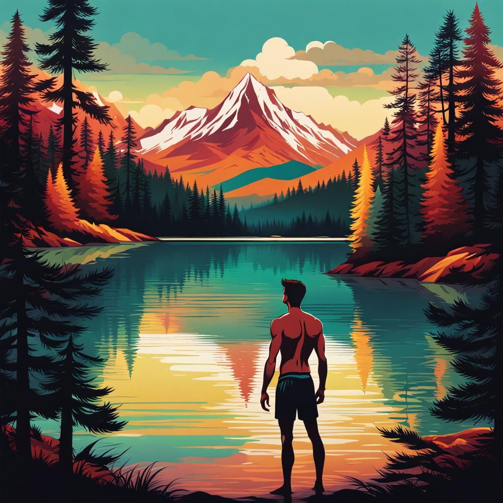 Colorful T-Shirt Design: Man in Mountain Lake