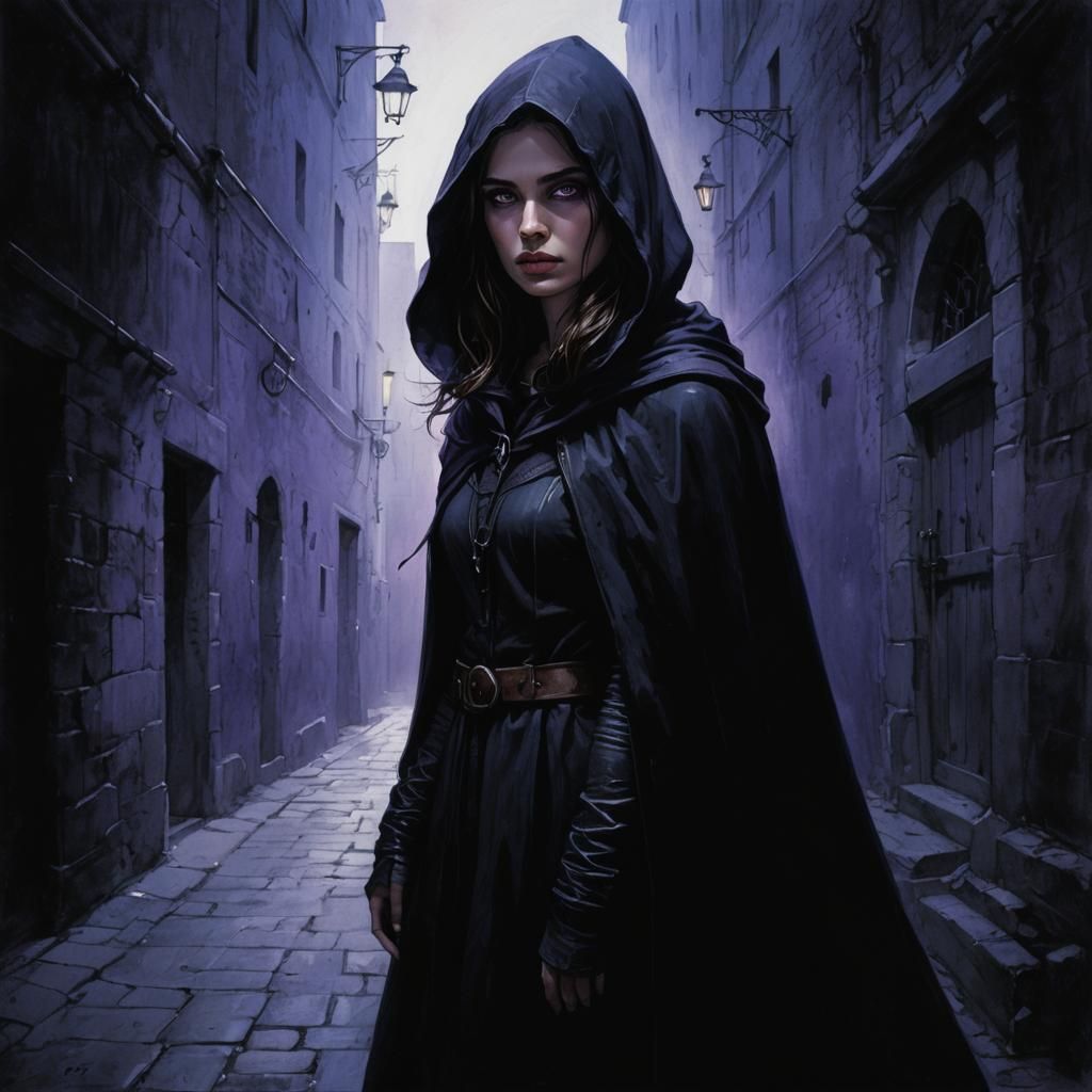 Brunette Woman in Medieval Alleyway, Chiaroscuro Sketch