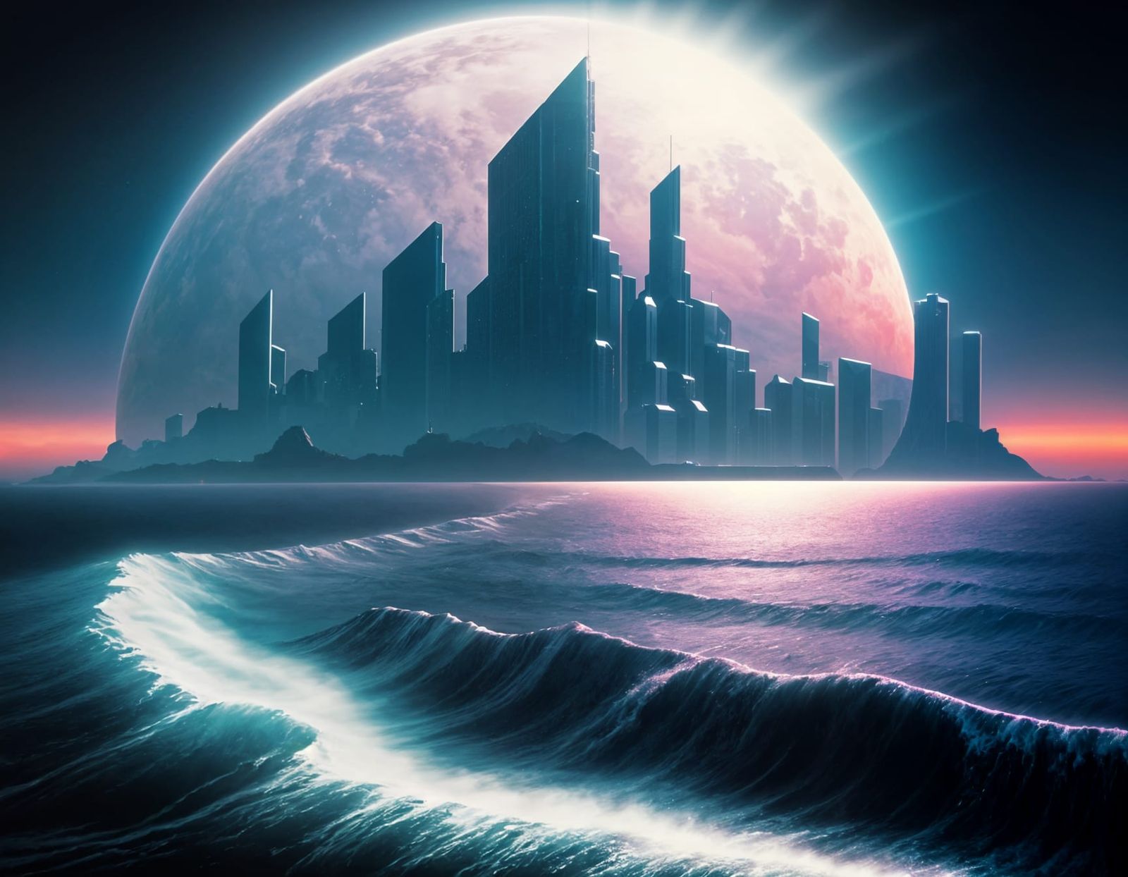 Hyperrealistic Synthwave City at the Edge of the World