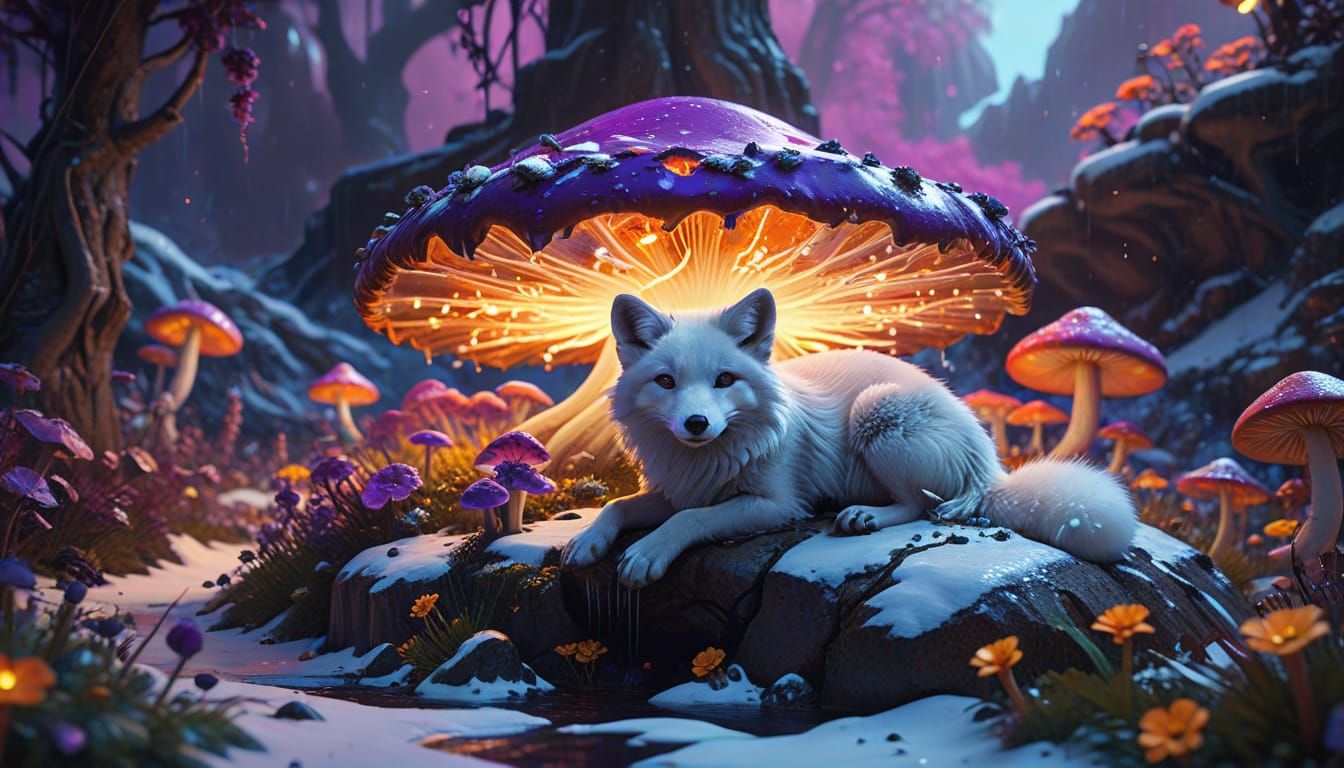 Surreal Arctic Fox in Vibrant Neon Mushroom Landscape