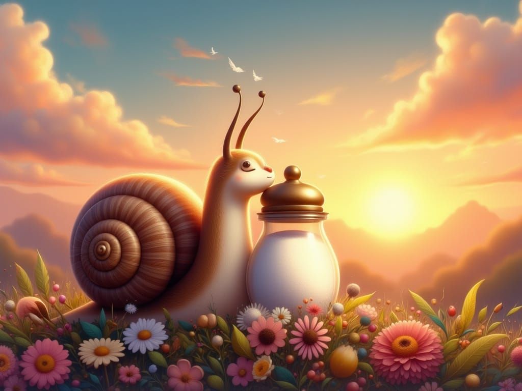 Cute Anthropomorphic Snail and Salt Shaker Snuggle