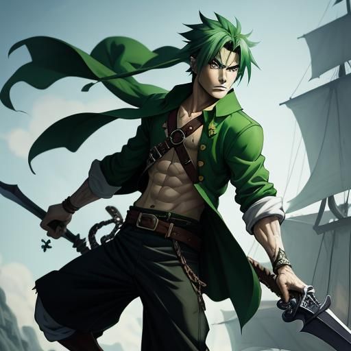 Green-Haired Pirate Boy with Swords, Anime Manga Style