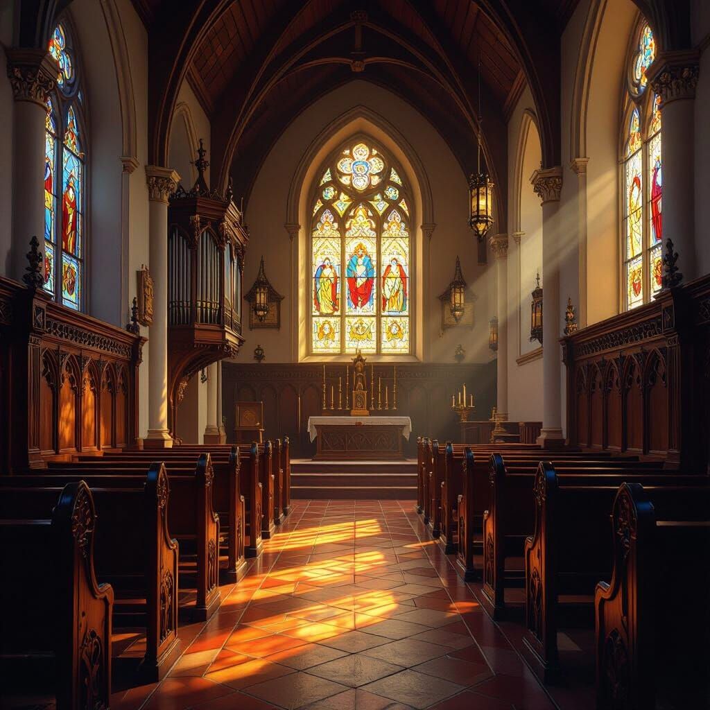Gothic Revival Church Interior with Stained Glass