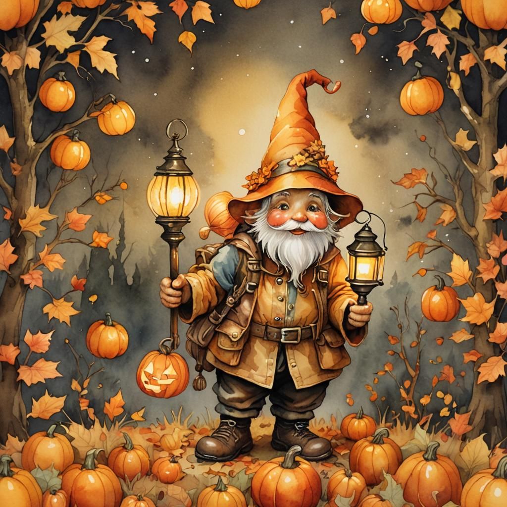 Whimsical Gnome with Lantern in Watercolor Autumn Scene
