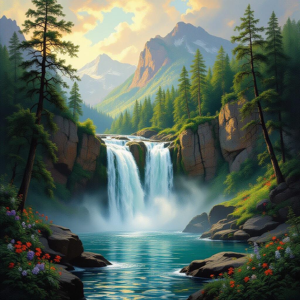 Picturesque Waterfall in the Style of Hudson River School