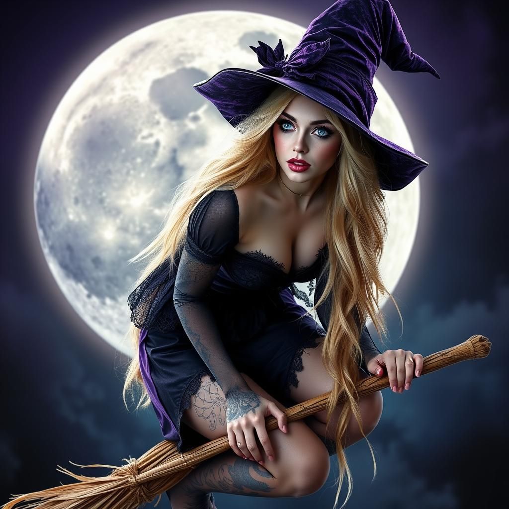 Beautiful Witch on Broomstick Flying to the Moon