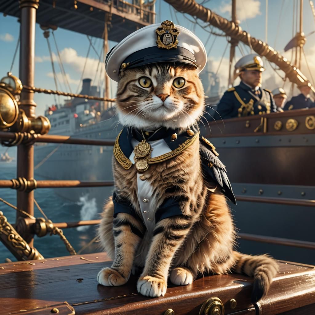 Cat and Parrot on Titanic Bridge in Naval Uniforms