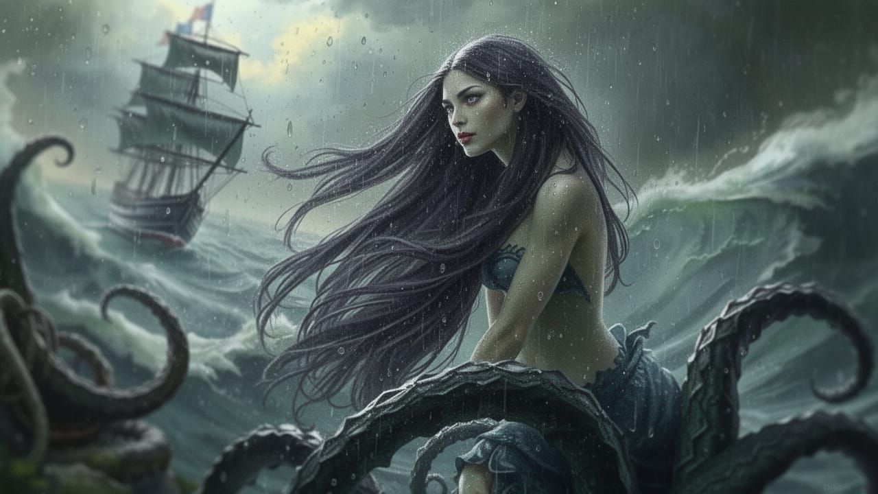 Mermaid in Heavy Seas with Sailing Ship