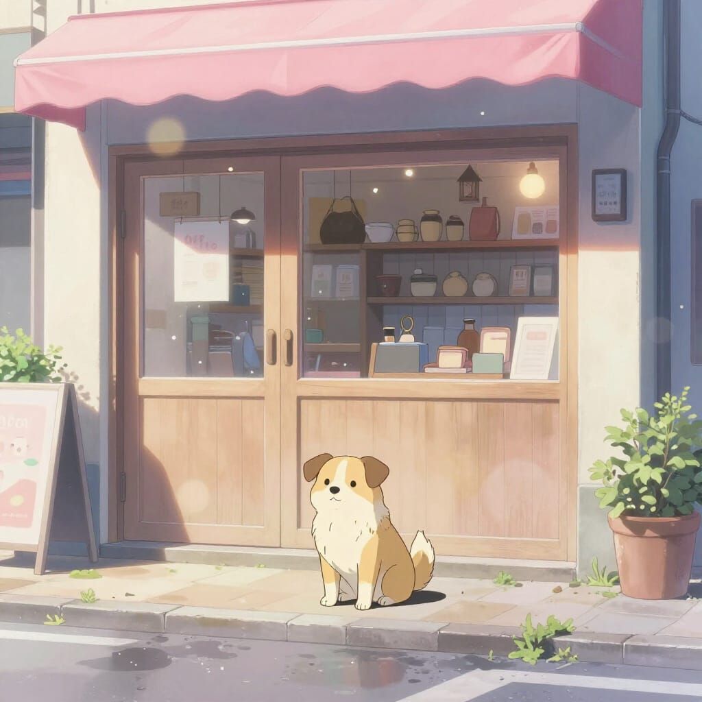 Cute Dog Outside Lofi Shop in Anime Style