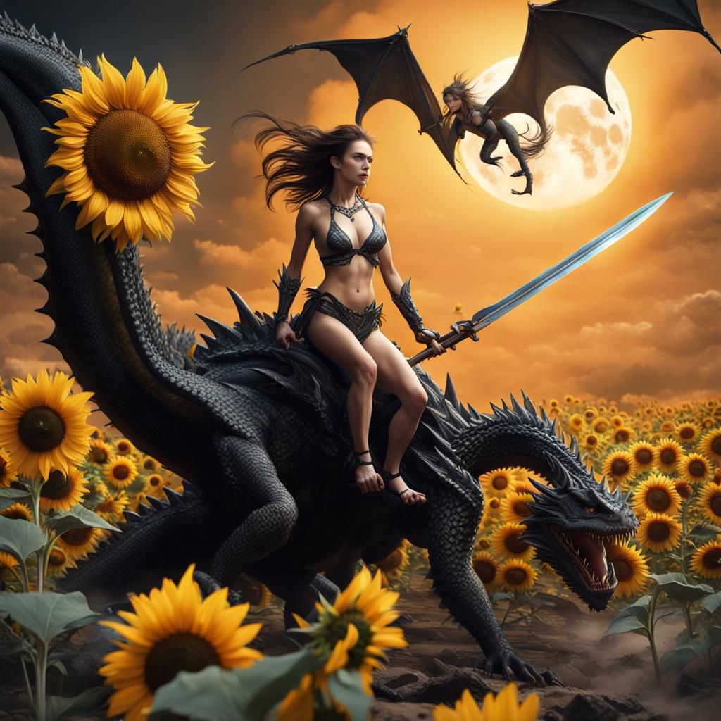 Woman Riding a Dragon on the Moon