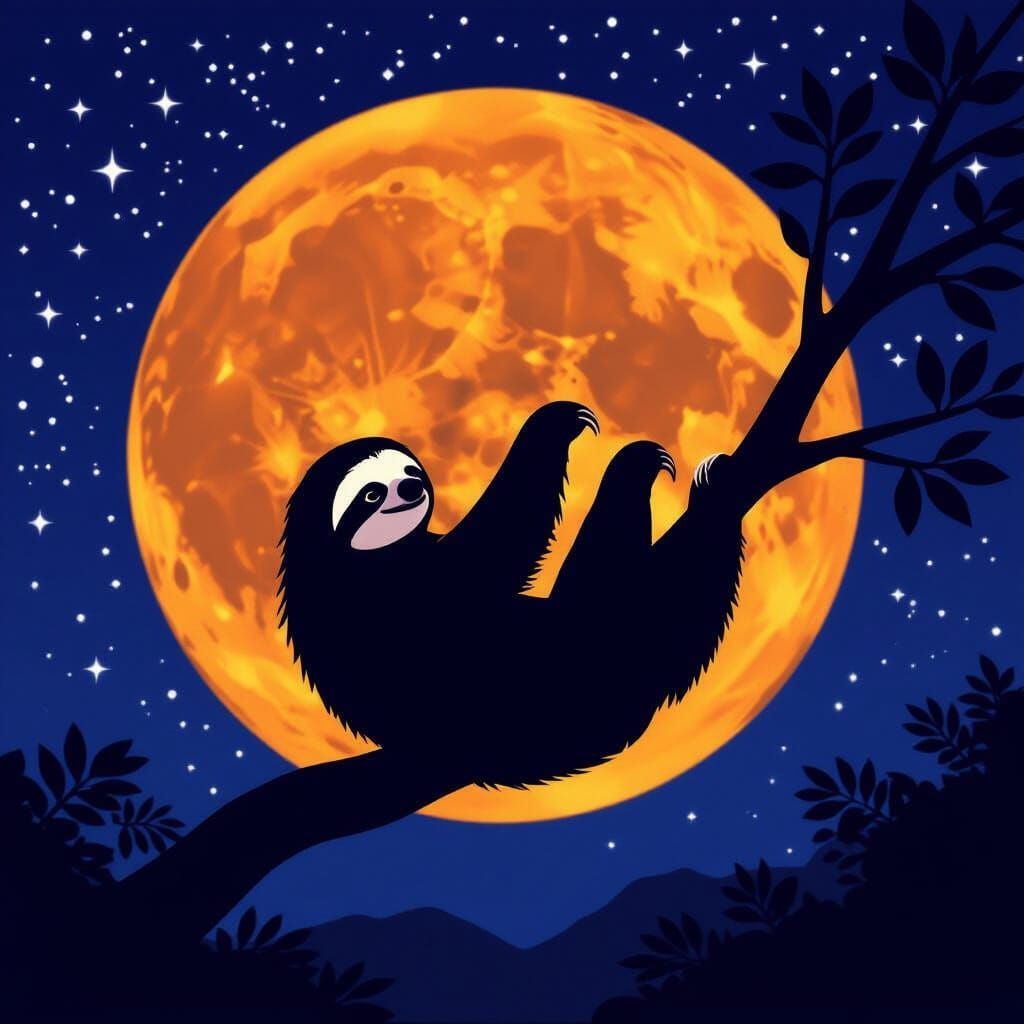 Sloth Silhouette Against Orange Moon in Graphic Style