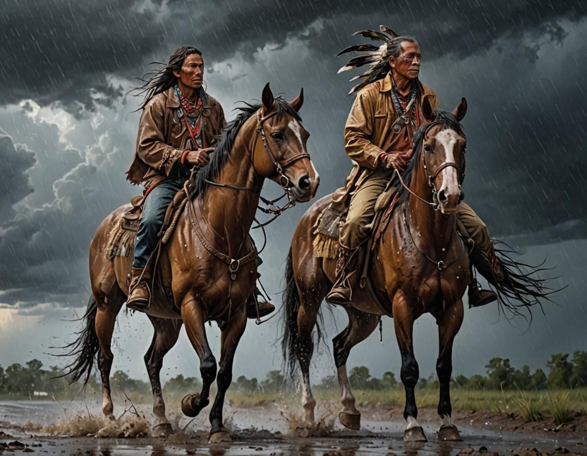 Blackfoot Brave Rides Through Rainstorm