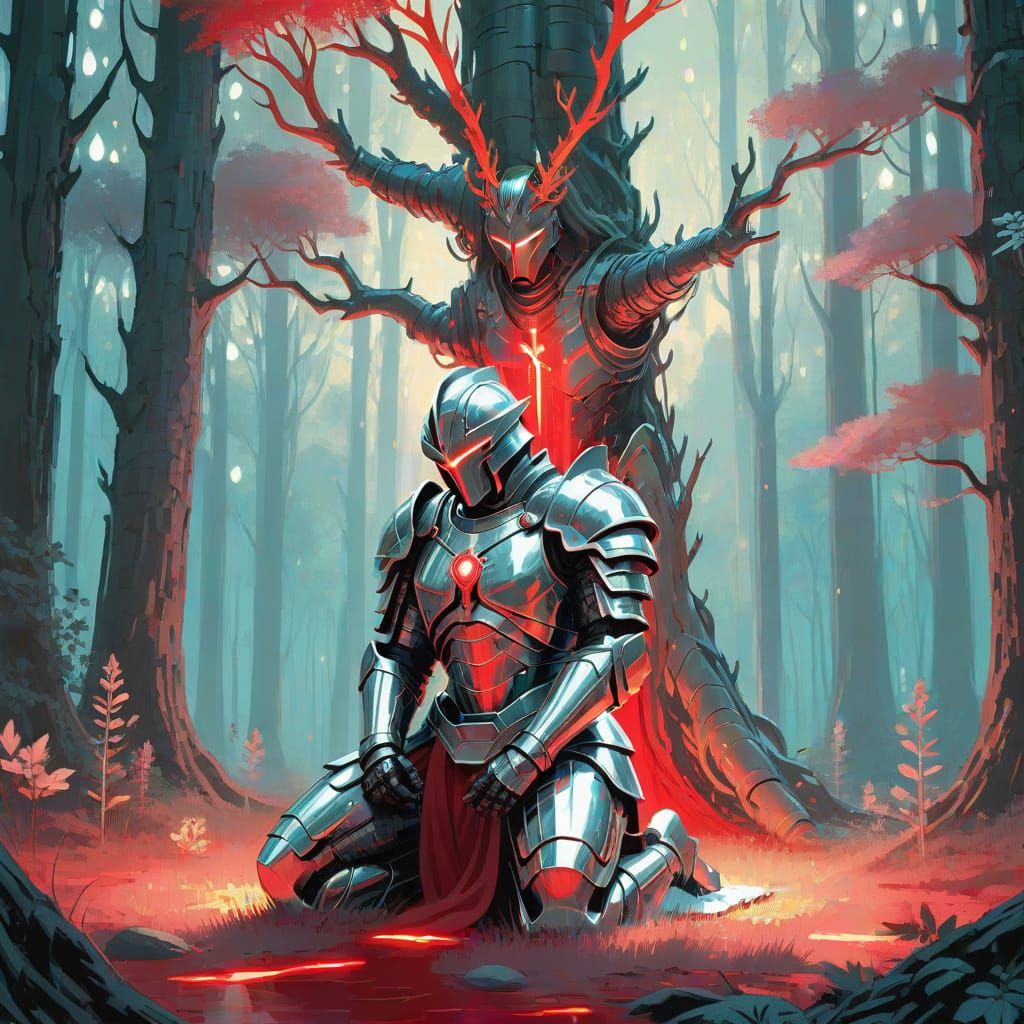 Knight's Prayer in Glowing Forest, Post-Impressionist Style
