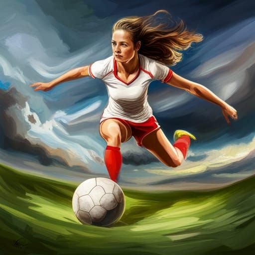 A young woman  soccer player with athletic body, with the footbal ball under her foot detailed matte painting Eldritch W...