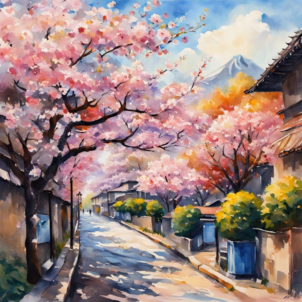 Vibrant Sakura Blooms Along Impressionist Street Scene