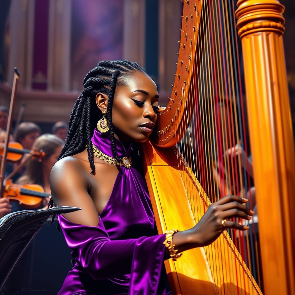 Elegantly Dressed Woman Plays Harp in Grand Symphony Orchest...