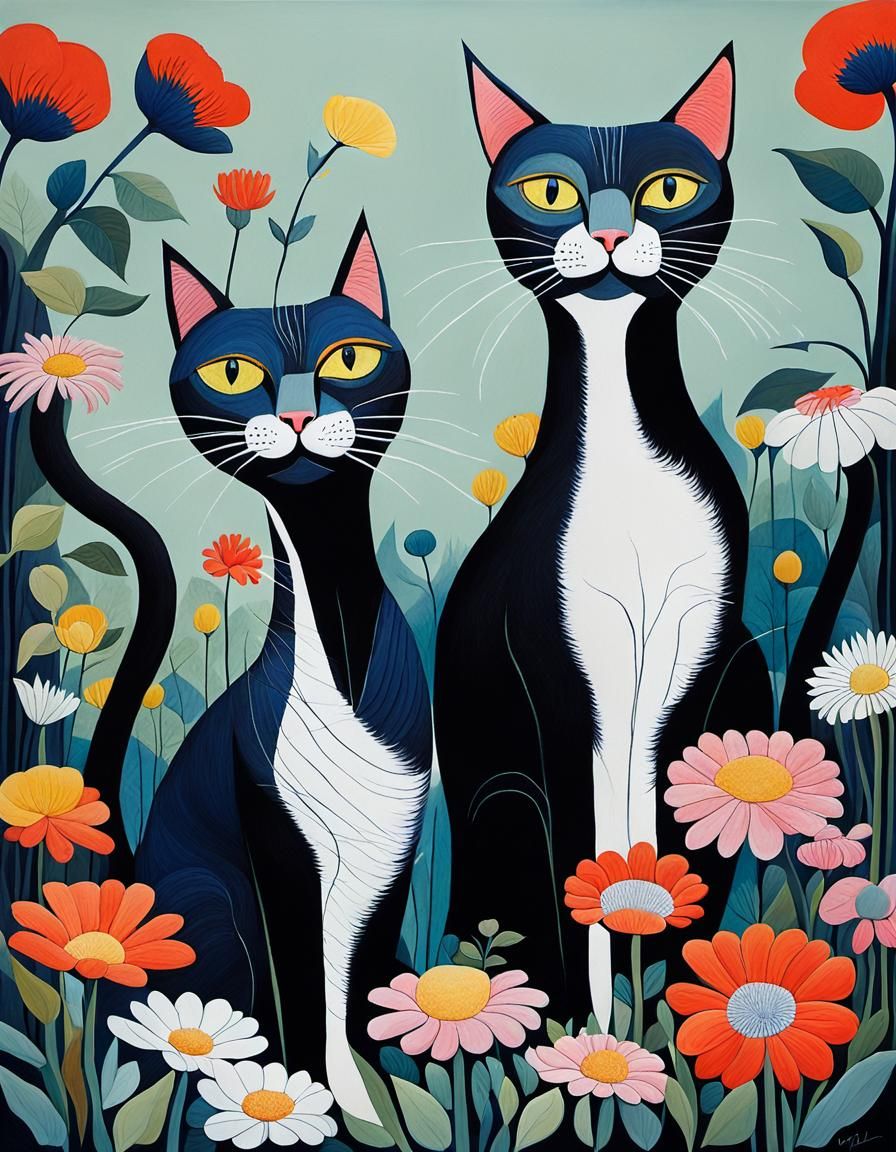 Long-Necked Cats in a Park: Gouache Painting