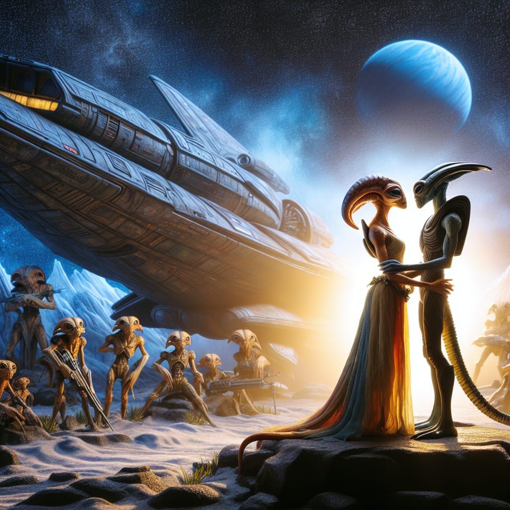 Extraterrestrial Embrace on Alien Planet in Hyperrealism