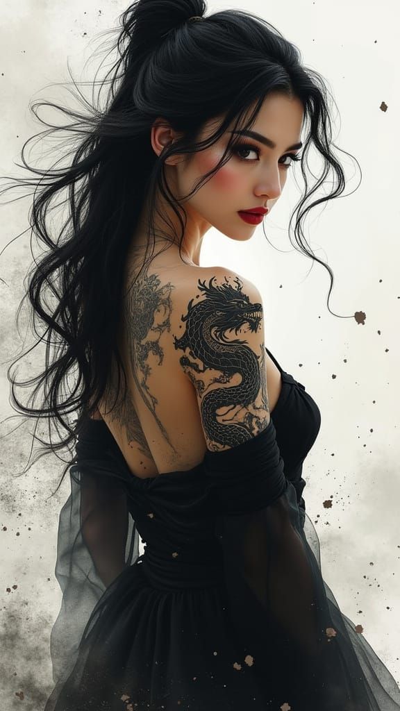 Elegant Woman with Dragon Tattoo in Noir Style