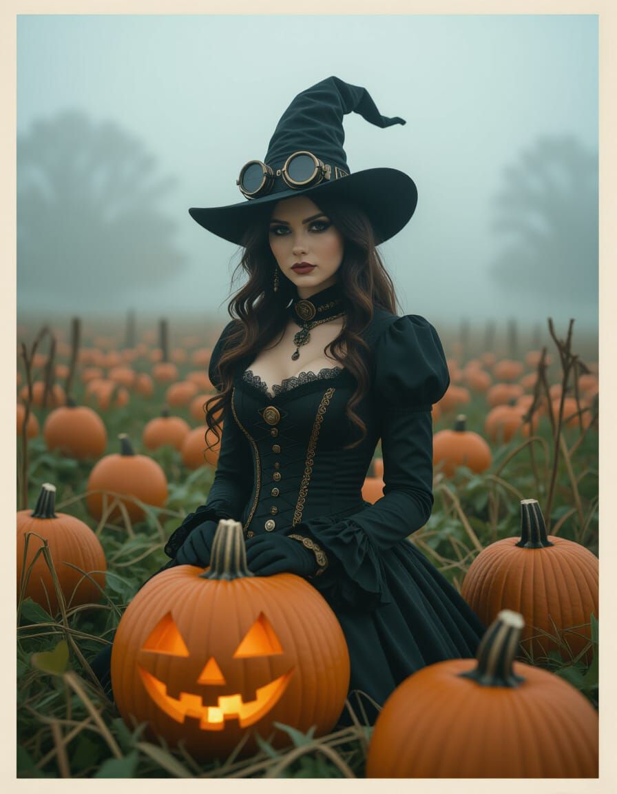 Steampunk Witch in Foggy Pumpkin Patch