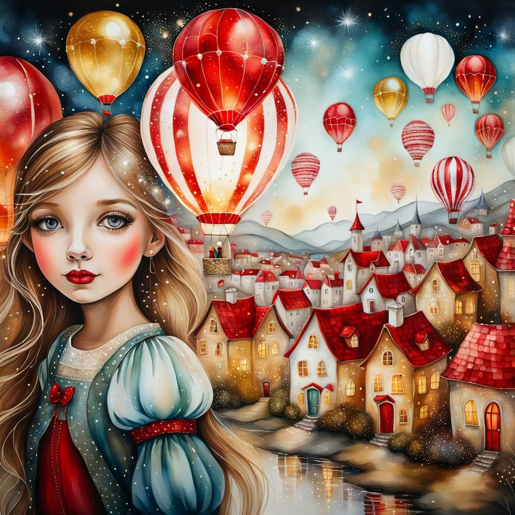 Fairy Blesses Whimsical Town in Mixed Media Illustration