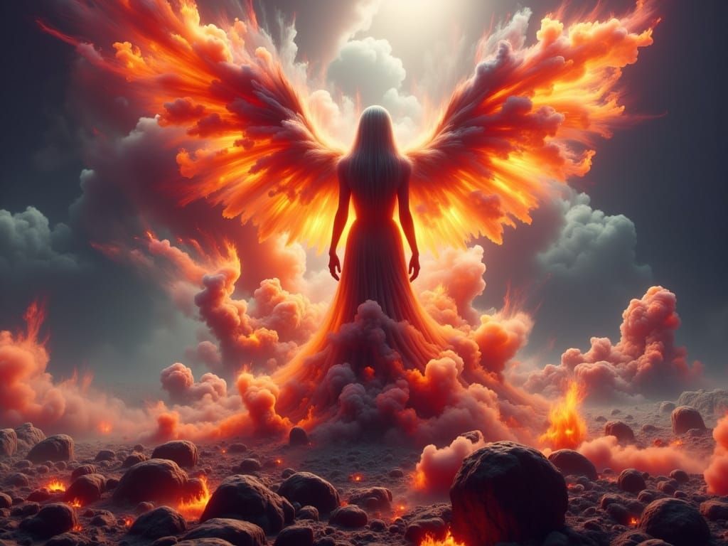 Fiery Woman Ascends from Ashes in Futuristic Style