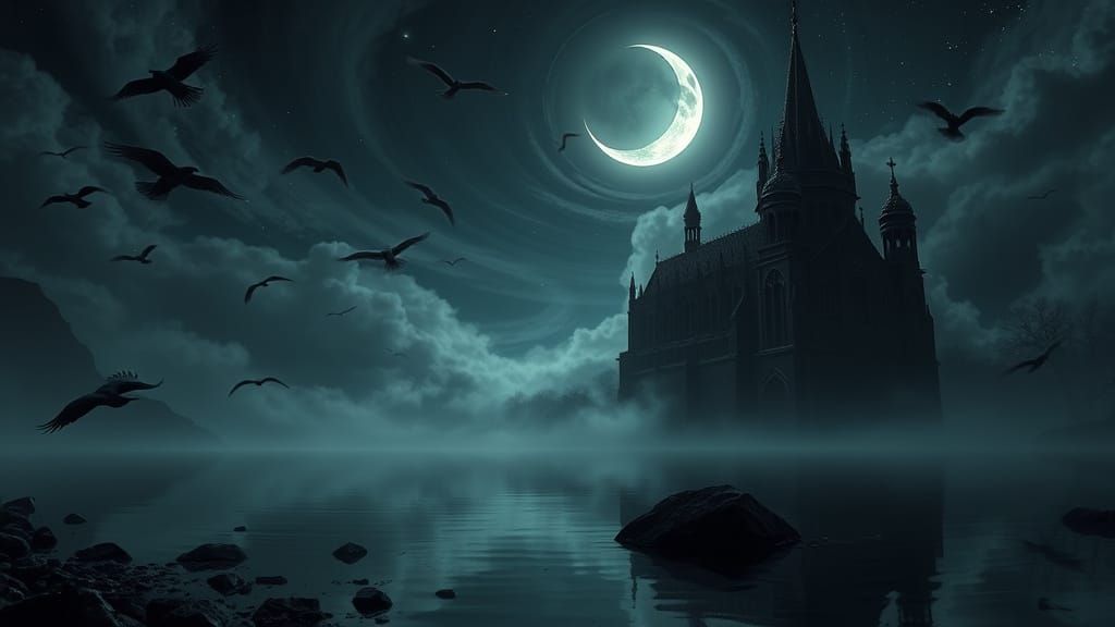 Floating Black Cathedral Above Mirror Lake