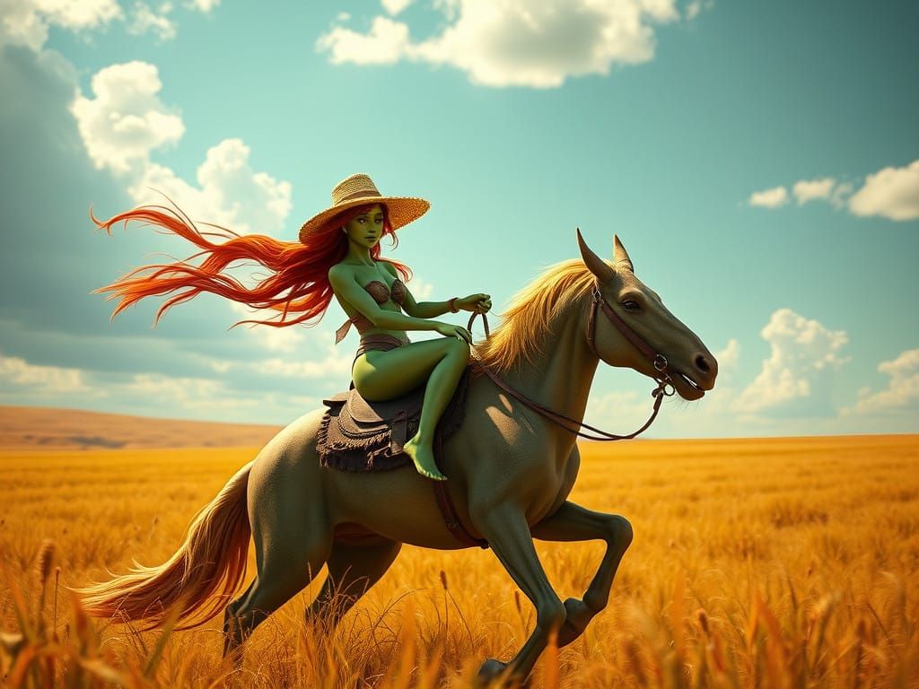 Barefoot Green Alien Rides a Razorback in a Sunny Field