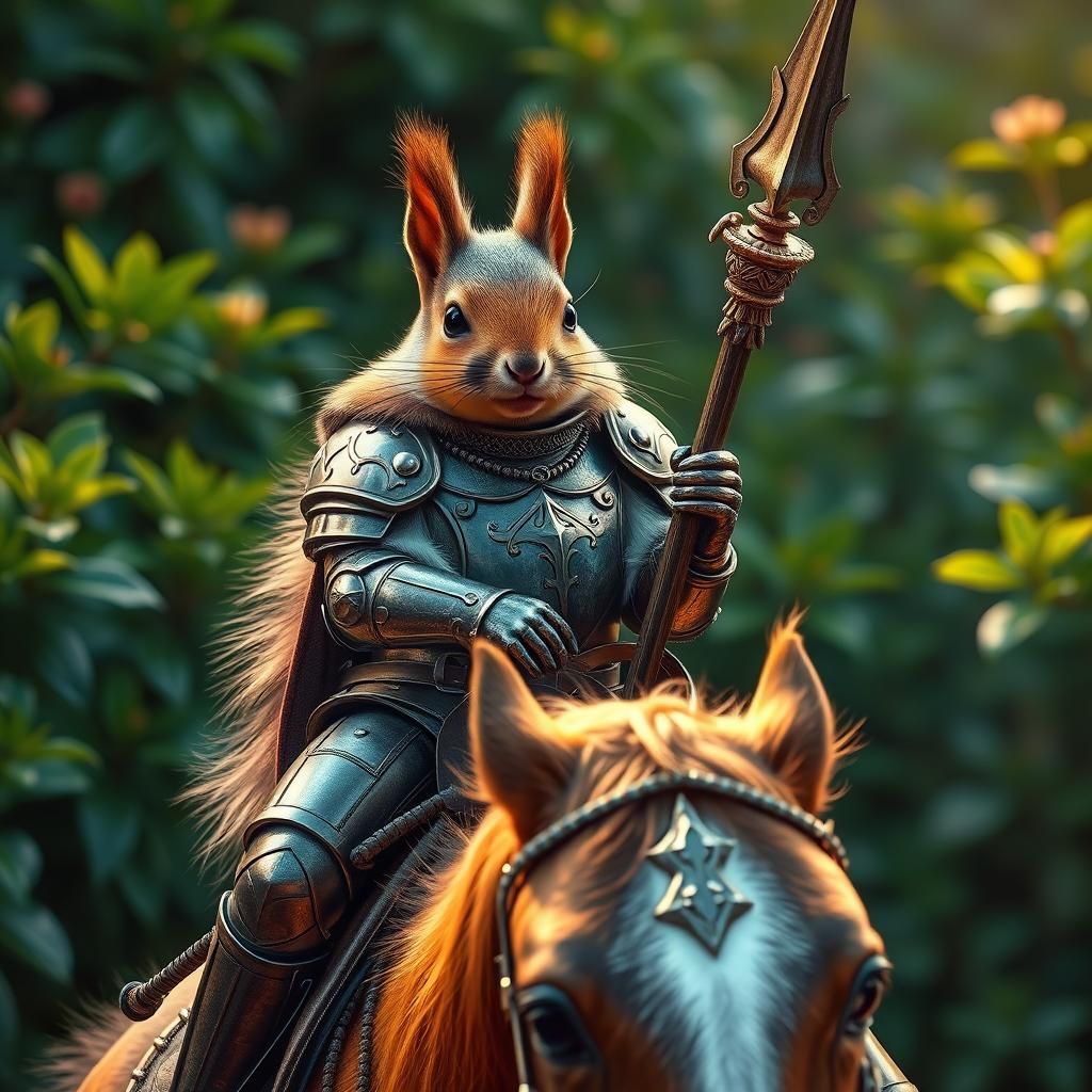 Squirrel Knight on Horse in Emerald Garden