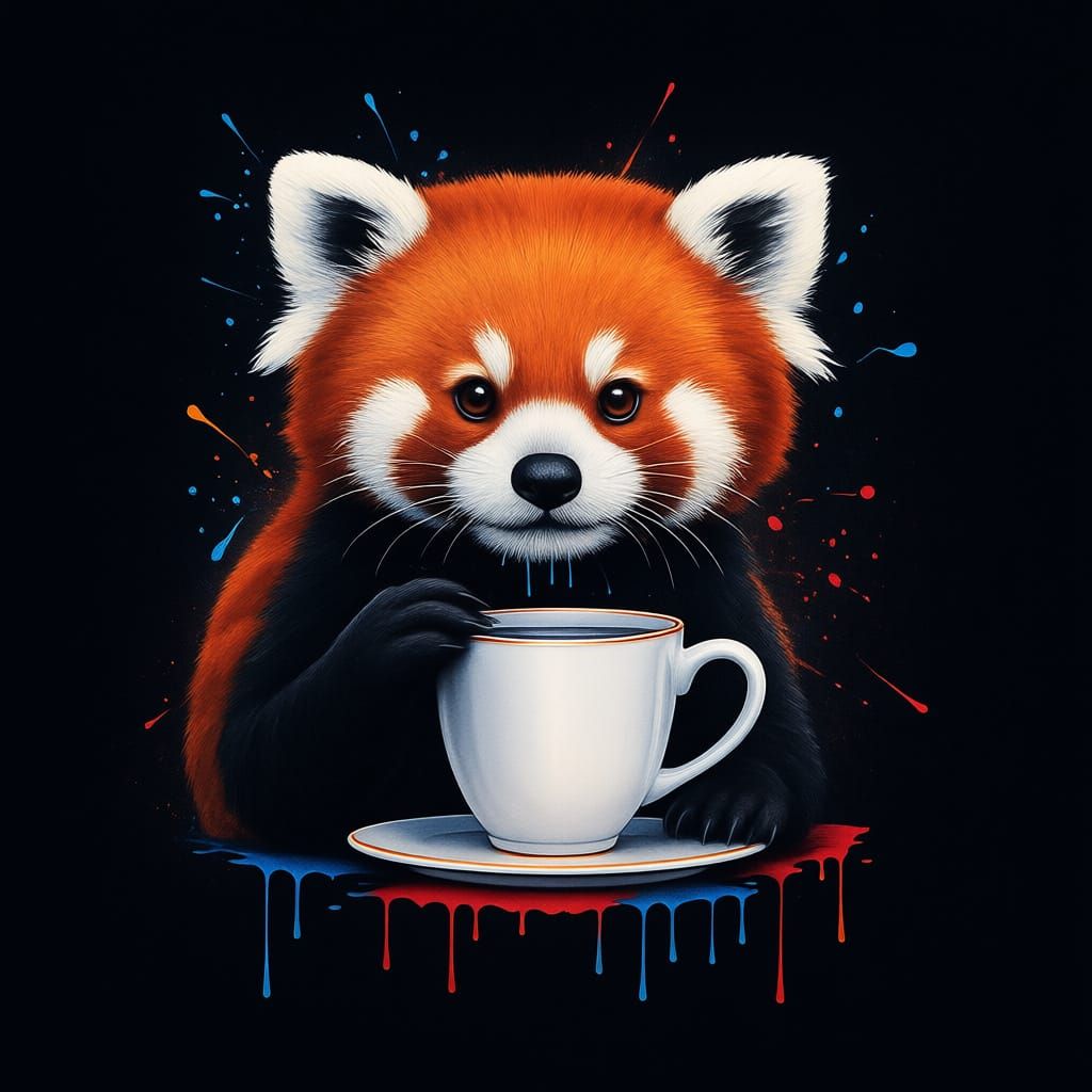 Red Panda Enjoys Tea in Vibrant Graffiti Art Style