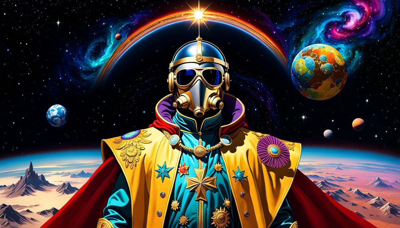 The Sovereign Skymaster Reigns Supreme: The Aviator Stardust Dictator in His Vibrant Jumpsuit and Cape