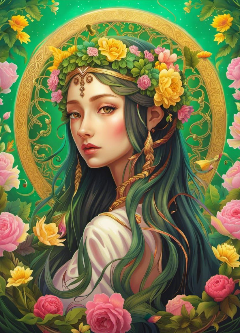 Virgo Maiden with Flower Wreath in Psychedelic Art