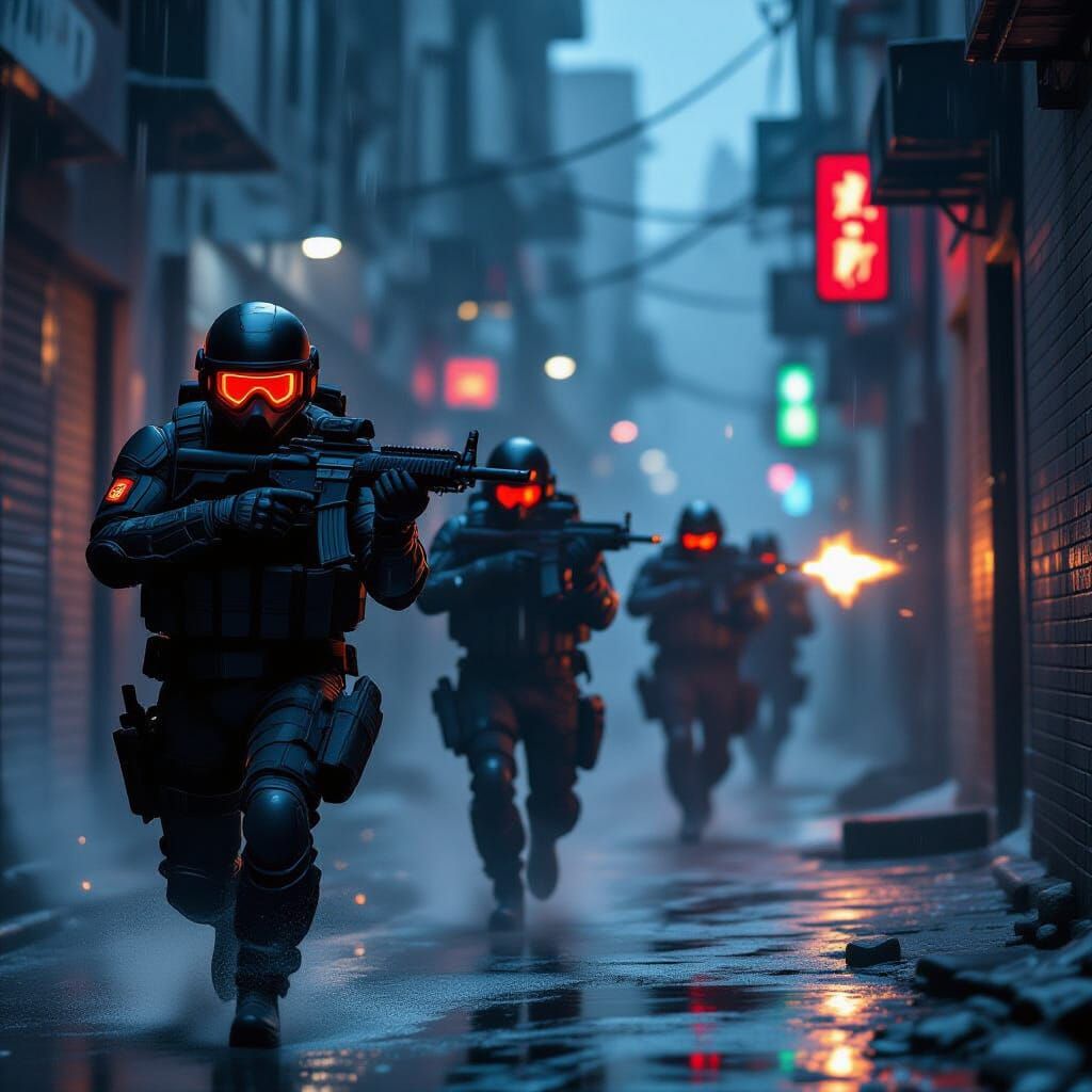 Tactical Operatives in Rain-Slicked Alley: Photorealistic St...