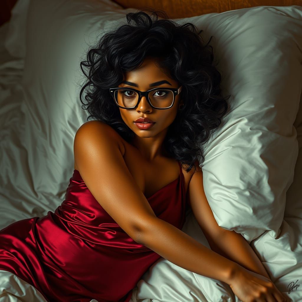Curvy Woman Lounging in Crimson, Hyperrealistic Style