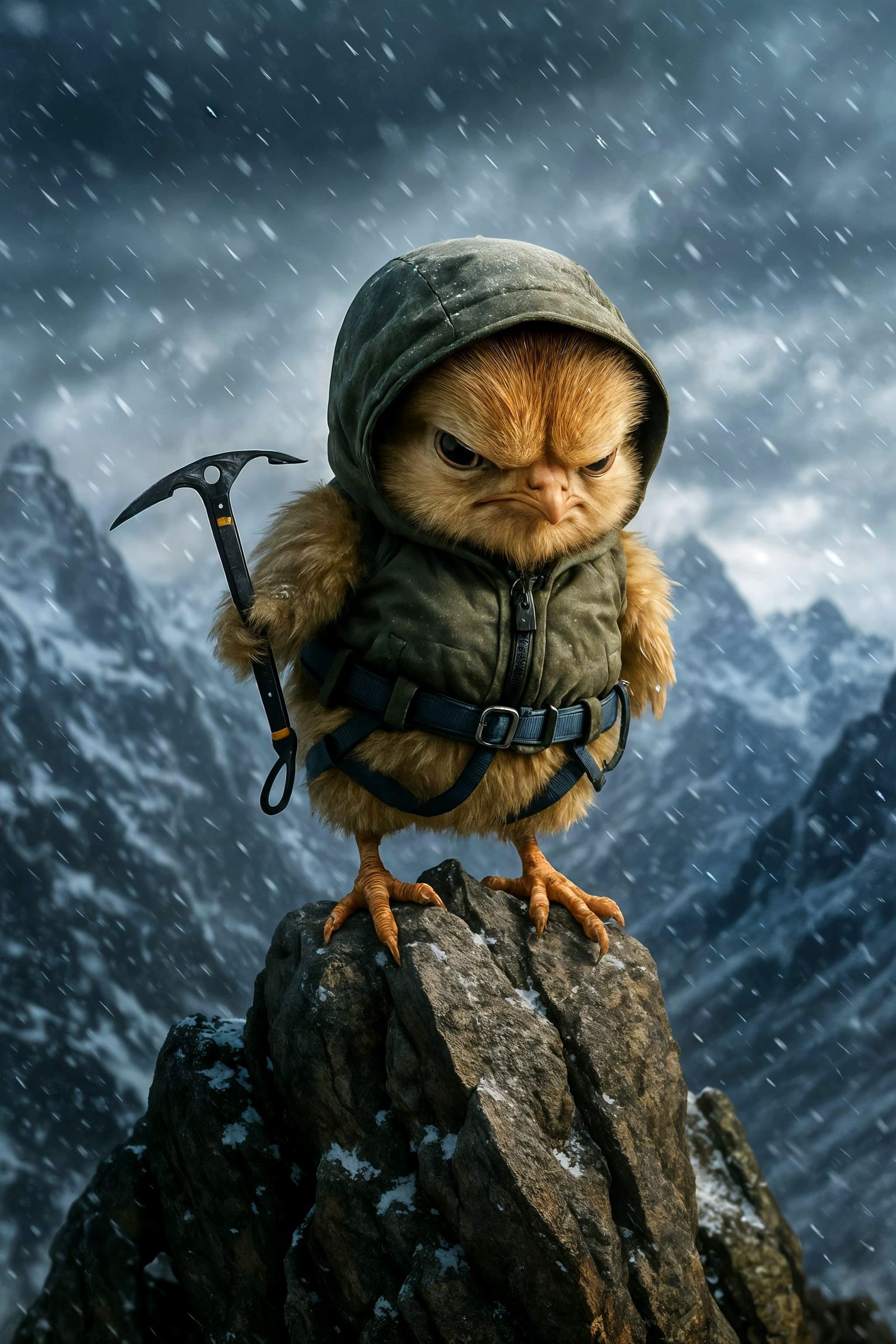 Grumpy Chick Conquers Snowy Mountain Peak