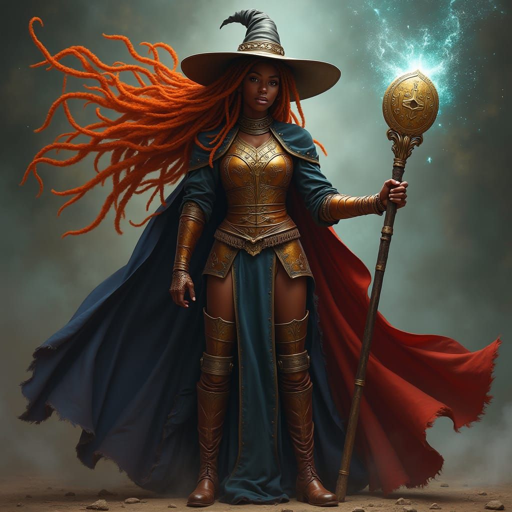 Majestic African American Wizard in Fiery Ginger Locks and L...