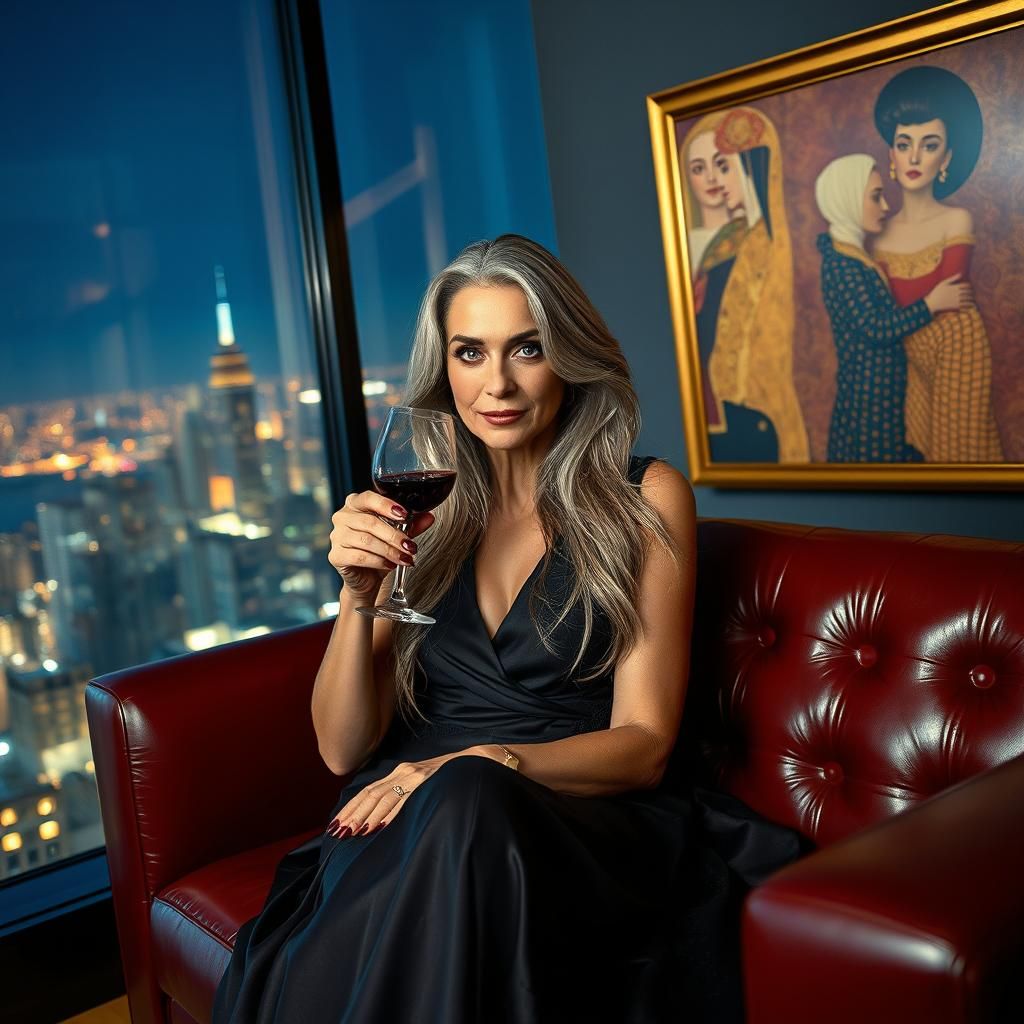 Elegant Woman in Penthouse, Klimt-Inspired Art